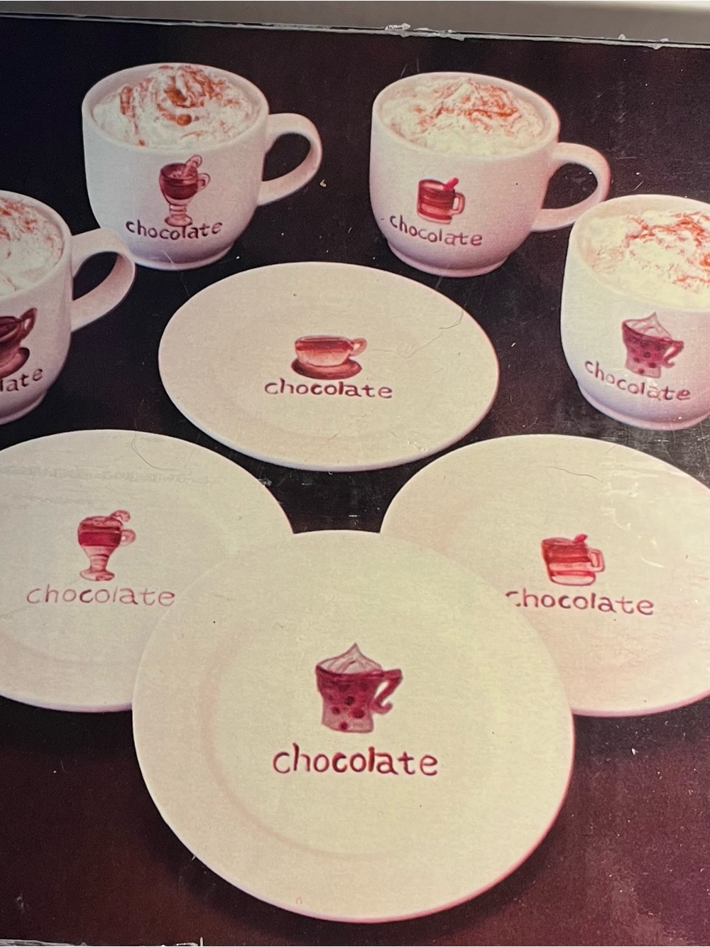 Chocolate White Ceramic Mug and Saucer Set with Red Accent Graphics
